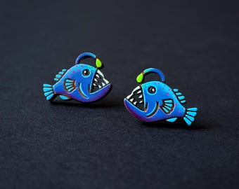 Anglerfish Hand-Painted Wood Stud Earrings