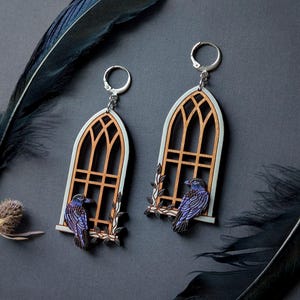 Gothic Raven and Cathedral Window Hand-Painted Layered Wood Earrings