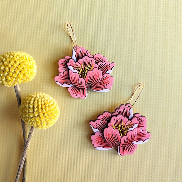 Peony Flower 'Coral Sunset' Hand Painted Layered Wood Earrings
