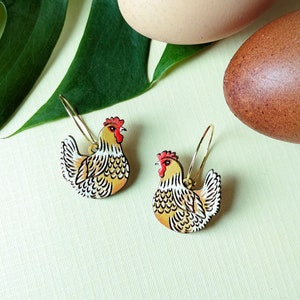Chicken Hen Hand-Painted Wood Cottagecore Hoop Earrings
