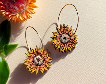 Mini Golden Sunflower Hand-Painted Cottagecore Wood Hoop Earrings