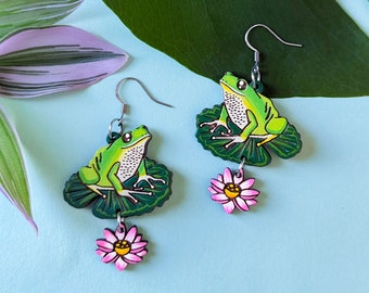 Frog and Lily Pad Hand-Painted Cottagecore Wood Earrings