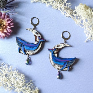 Celestial Whale Moon Hand-Painted Layered Wood Earrings