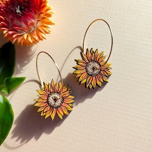 Mini Golden Sunflower Hand-Painted Wood Hoop Earrings
