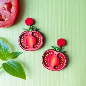 Tomato Slice Hand-Painted Layered Veggie Wood Earrings