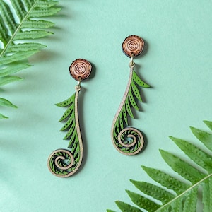 Golden Fiddlehead Fern Hand-Painted Wood Earrings