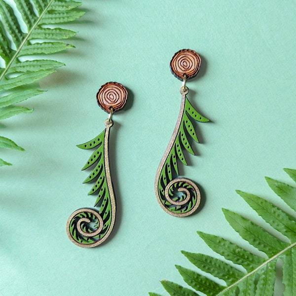 Golden Fiddlehead Fern Hand-Painted Wood Earrings