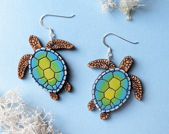 Sea Turtle Hand-Painted Layered Wood Earrings