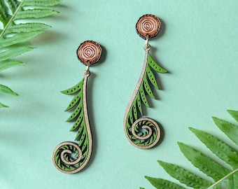 Golden Fiddlehead Fern Hand-Painted Cottagecore Wood Earrings