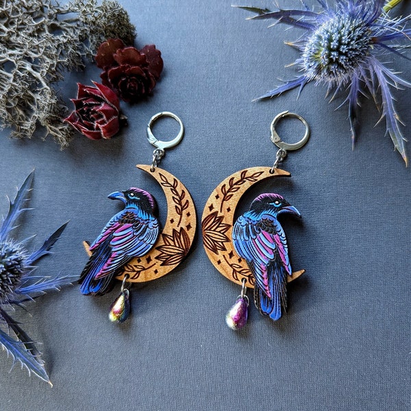 Mystical Raven/Crow Moon Hand-Painted Layered Wood Earrings