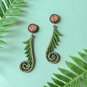 Golden Fiddlehead Fern Hand-Painted Wood Earrings