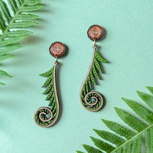 Golden Fiddlehead Fern Hand-Painted Cottagecore Wood Earrings image 1