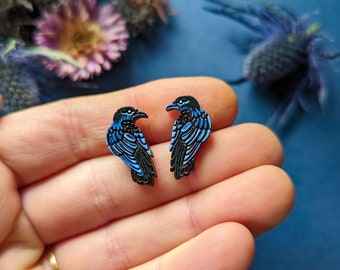 Raven/Crow Hand-Painted Wood Stud Earrings