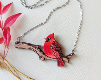 Red Cardinal Bird Hand-Painted Wood Cottagecore Necklace