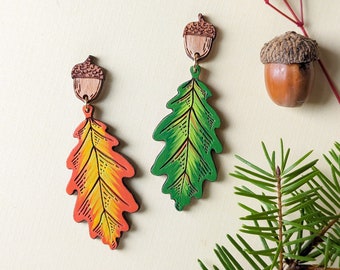 Oak Leaf and Acorn Fall Hand-Painted Cottagecore Wood Earrings