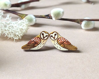 Barn Owl Hand-Painted Wood Cottagecore Stud Earrings