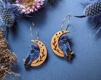 Raven/Crow Moon Hand-Painted Wood Earrings