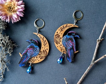 Mystical Raven/Crow Moon Hand-Painted Layered Wood Earrings