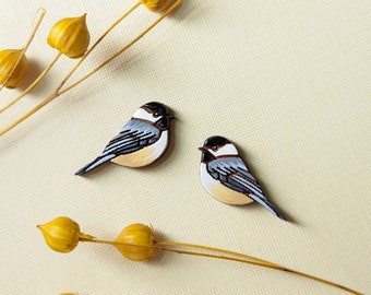 Chickadee Bird Hand Painted Cottagecore Wood Stud Earrings