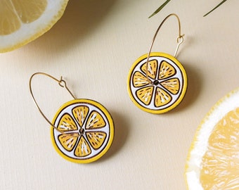 Lemon or Orange Slice Hand-Painted Cottagecore Wood Hoop Earrings