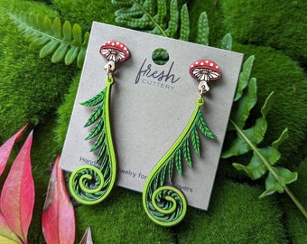 Fiddlehead Fern and Amanita Mushroom Hand-Painted Cottagecore Wood Earrings