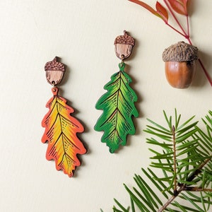 Oak Leaf and Acorn Fall Hand-Painted Wood Earrings