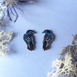 Raven/Crow Hand-Painted Wood Stud Earrings image 3