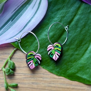 Mini Monstera Albo White Tiger Leaf Hand-Painted Wood Hoop Earrings image 7