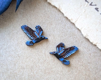 Hand-Painted Flying Raven/Crow Wood Stud Earrings