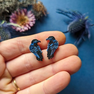 Raven/Crow Hand-Painted Wood Stud Earrings image 1
