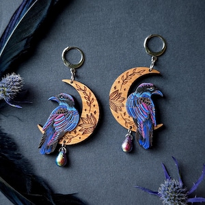 Mystical Raven/Crow Moon Hand-Painted Layered Wood Earrings