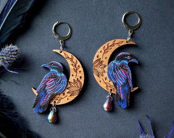 Mystical Raven/Crow Moon Hand-Painted Layered Wood Earrings