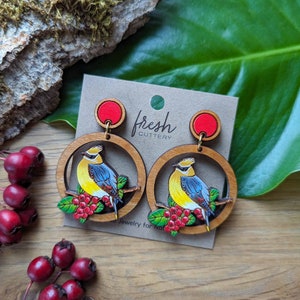 Cedar Waxwing Bird Hand Painted Cottagecore Layered Wood Earrings