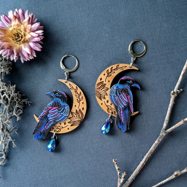 Mystical Raven/Crow Moon Hand-Painted Layered Wood Earrings