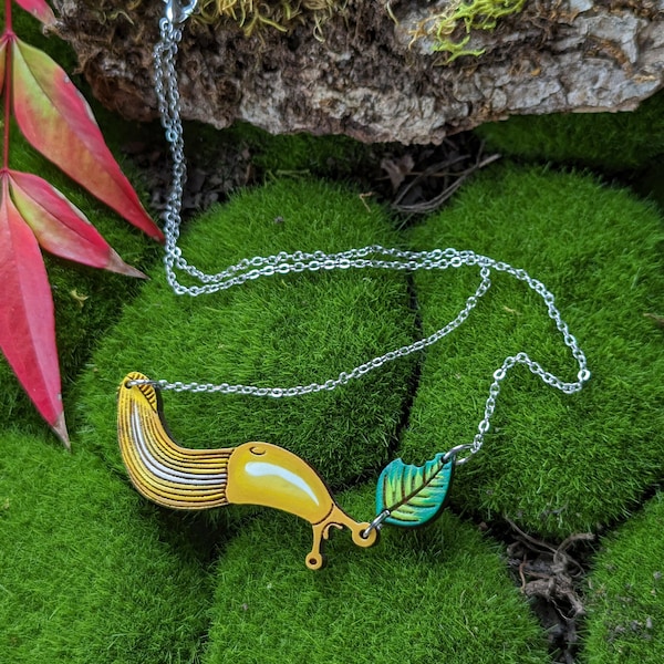 Yellow Banana Slug and Leaf Hand-Painted Cottagecore Wood Necklace