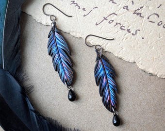 Hand-Painted Iridescent Raven Feather Wood Earrings