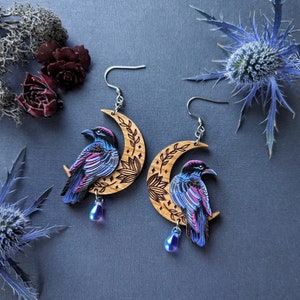 Mystical Raven/Crow Moon Hand-Painted Layered Wood Earrings