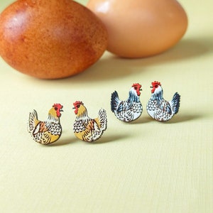 Chicken Hen Hand-Painted Wood Cottagecore Stud Earrings