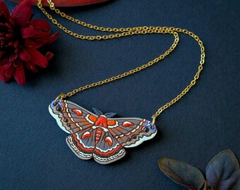 Hand-Painted Cecropia Moth Wood Bib Necklace