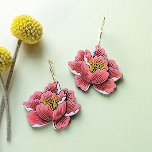 Peony Flower 'Coral Sunset' Hand Painted Cottagecore Layered Wood Earrings image 5