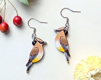 Hand-Painted Cedar Waxwing Wood Bird Earrings