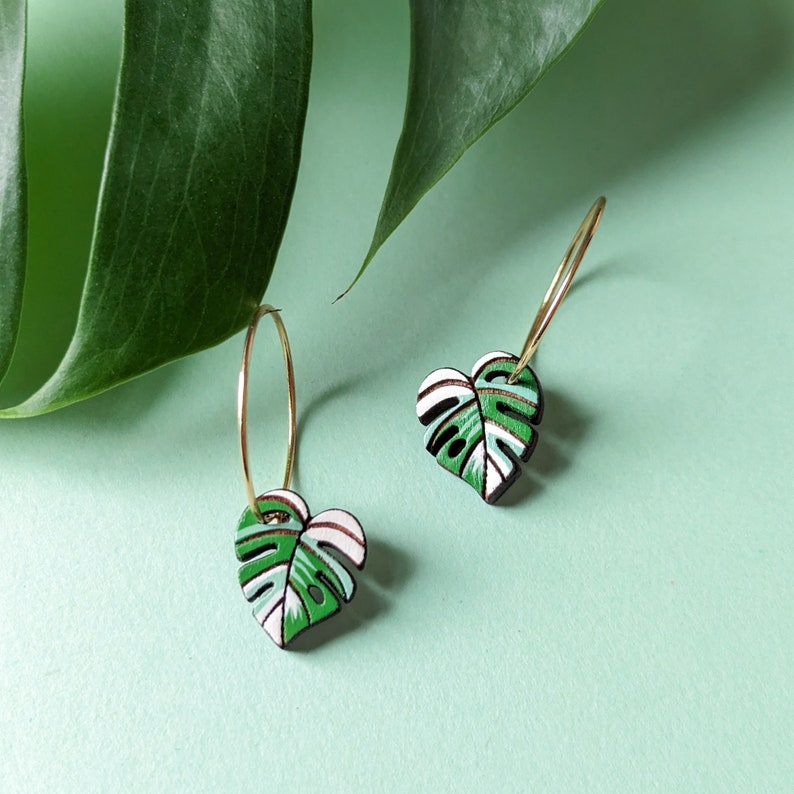 Mini Monstera Albo White Tiger Leaf Hand-Painted Wood Hoop Earrings image 2