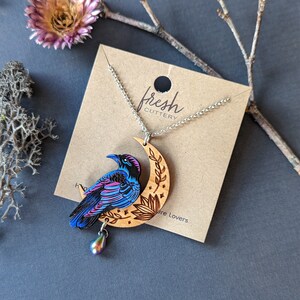 Mystical Raven Moon Hand-Painted Layered Wood Necklace image 7