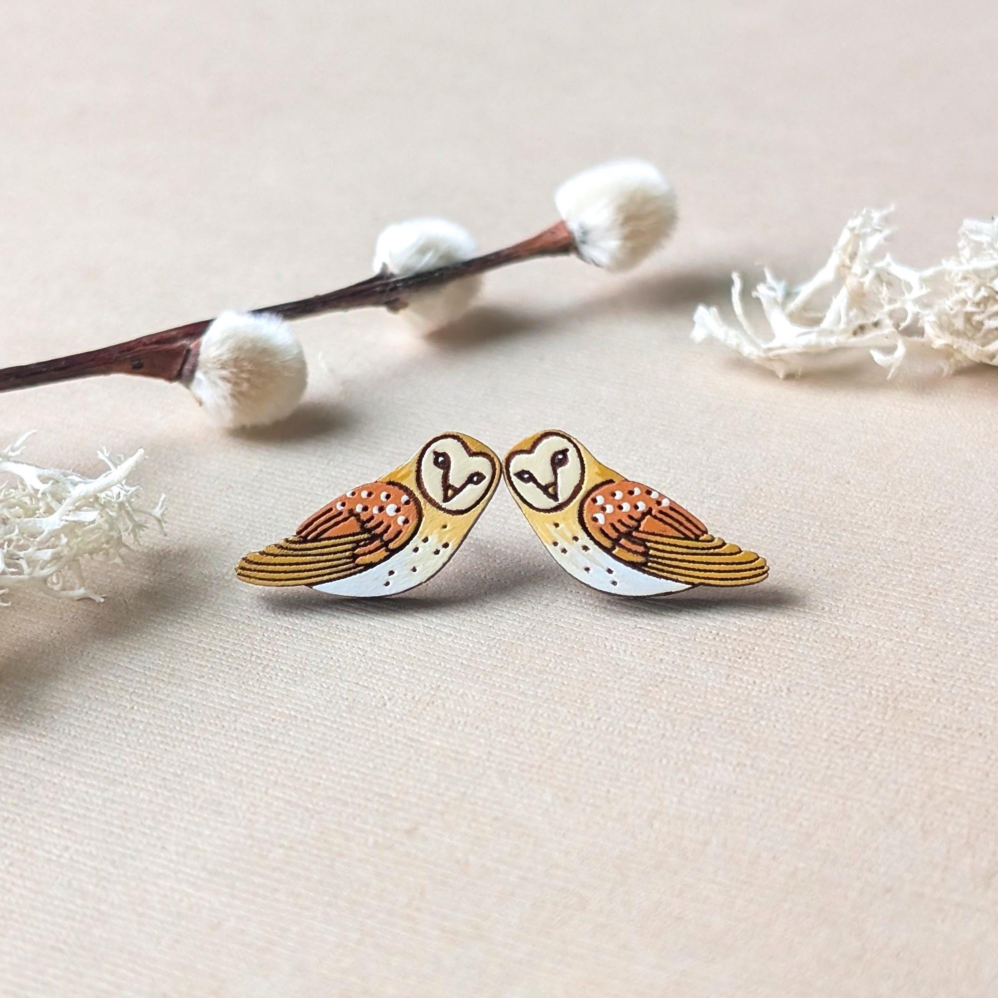 Barn Owl Hand-Painted Wood Stud Earrings
