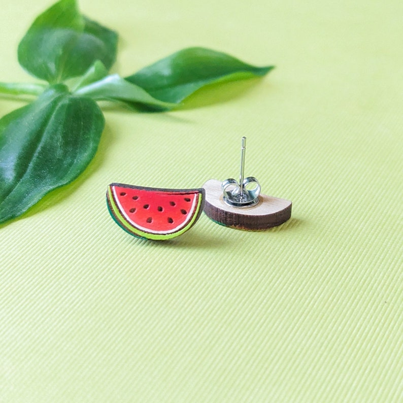 Watermelon Half Slice Hand-Painted Cottagecore Wood Stud Earrings image 4