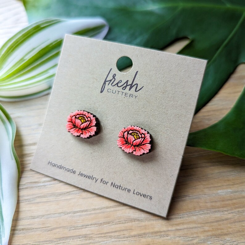 Peony Flower Hand-Painted Cottagecore Wood Stud Earrings image 6