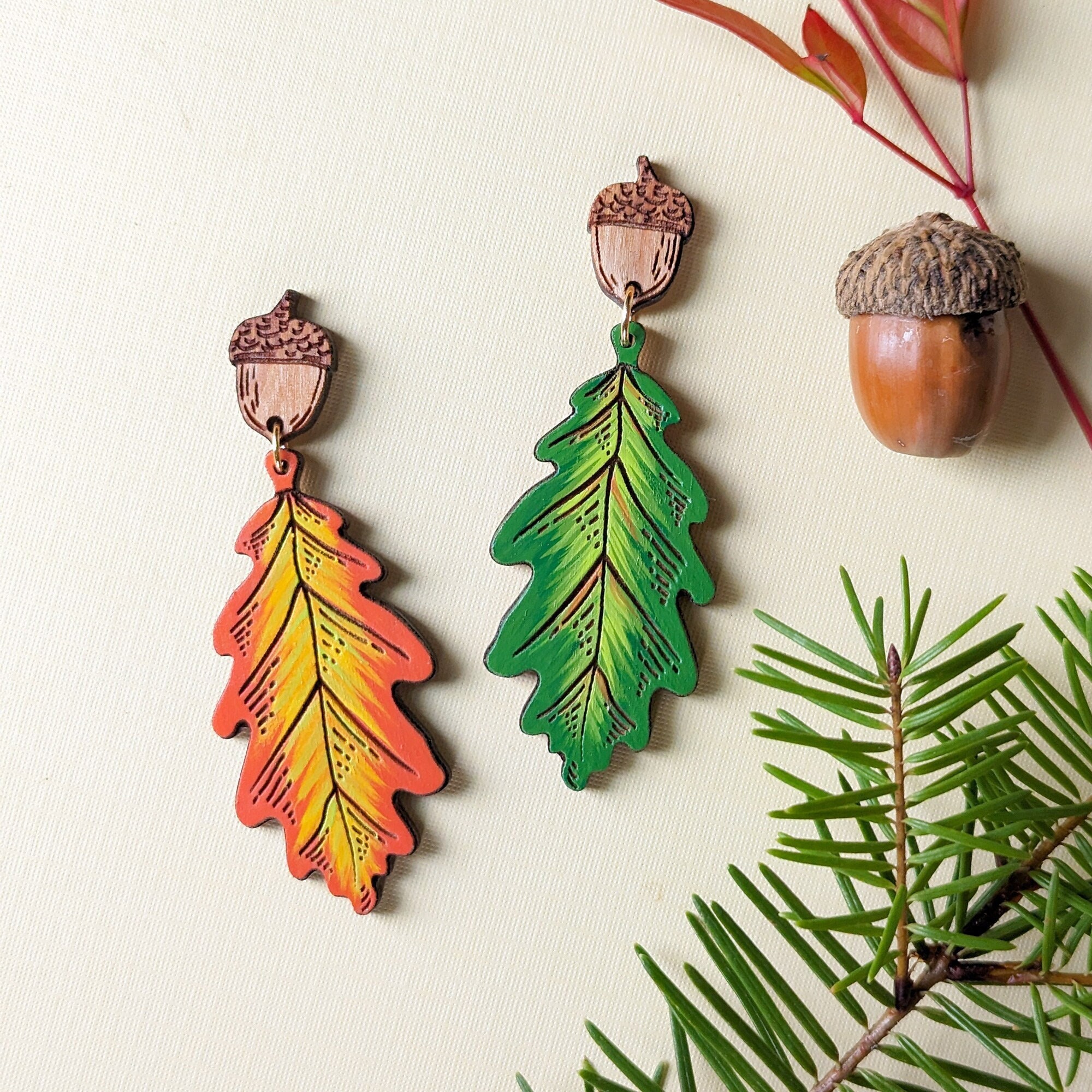 Boucles D'oreilles Dépareillées Thème Automne – Renard Et Feuilles – Doré Acier Inoxydable – Fait Main