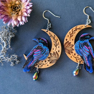Mystical Raven/Crow Moon Hand-Painted Layered Wood Earrings image 3