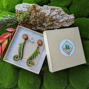 Golden Fiddlehead Fern Hand-Painted Cottagecore Wood Earrings image 10