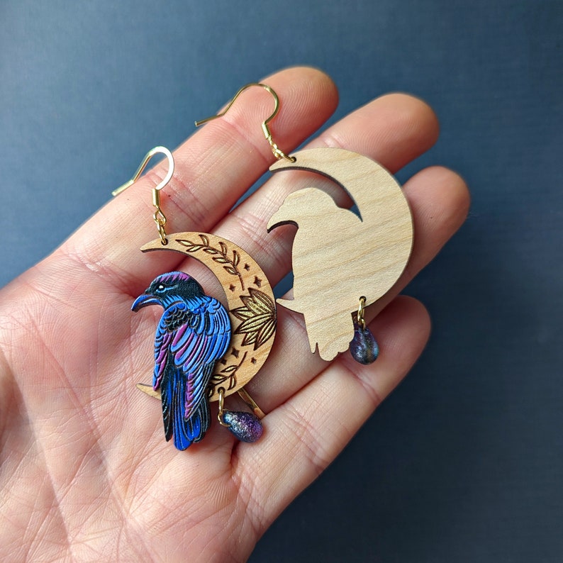 Mystical Raven/Crow Moon Hand-Painted Layered Wood Earrings image 7